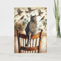 Birthday Cat Watching Birds On Wallpaper