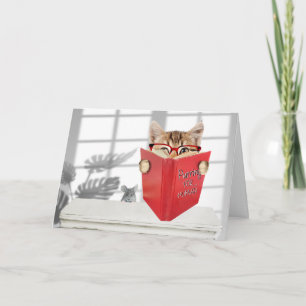 Birthday Cat with Glasses and Red Book Card