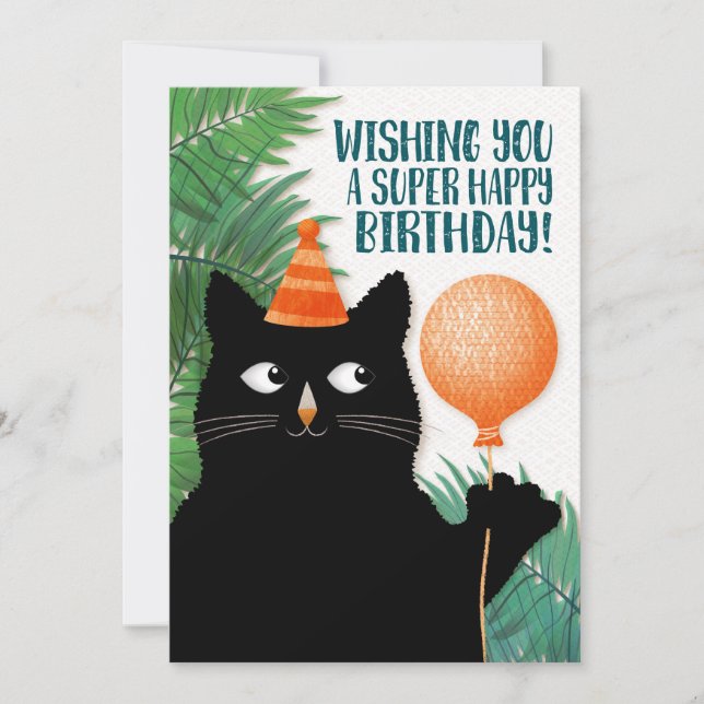 Birthday cat with party hat and balloon card (Front)