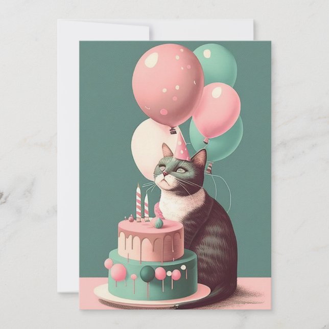 Birthday Cat with Party Hat Flat Greeting Card (Front)