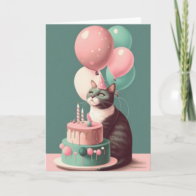 Birthday Cat with Party Hat Folded Greeting Card (Front)