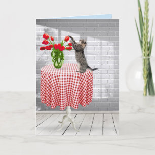 Birthday Cat With Red Tulips on Table Card