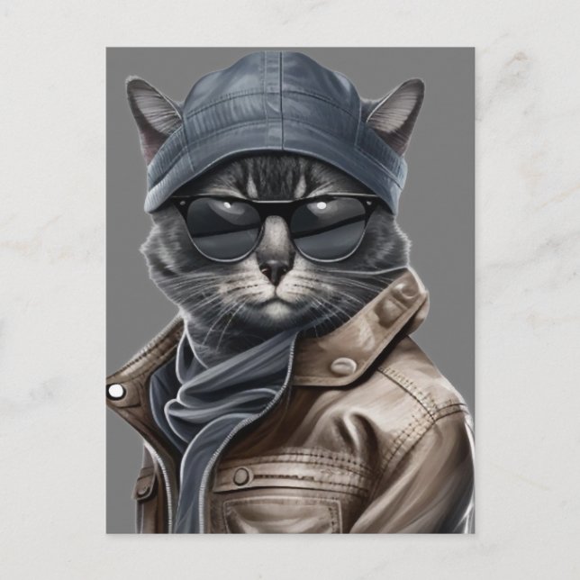 Birthday Cat with Sunglasses and Brown Jacket Postcard (Front)