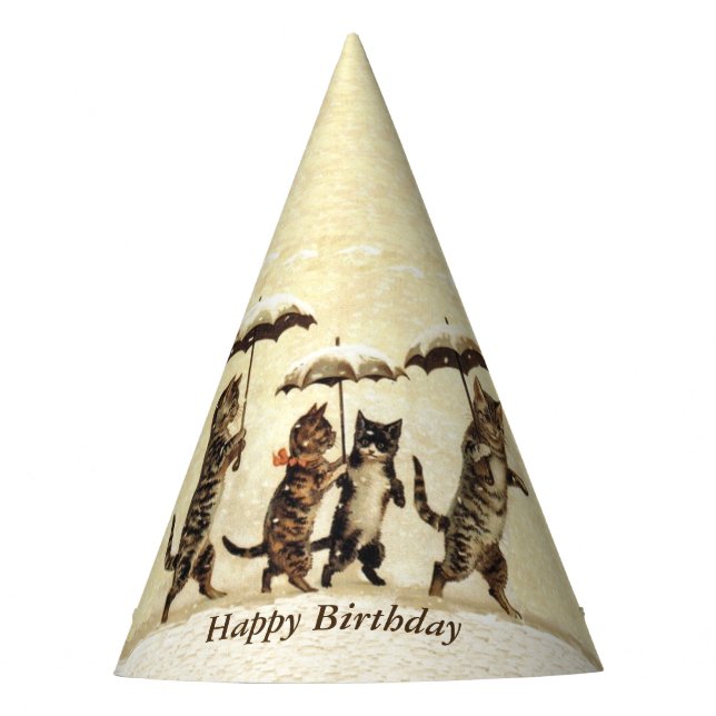 Birthday Cats Walking Upright in Snow Umbrellas Party Hat (Front)
