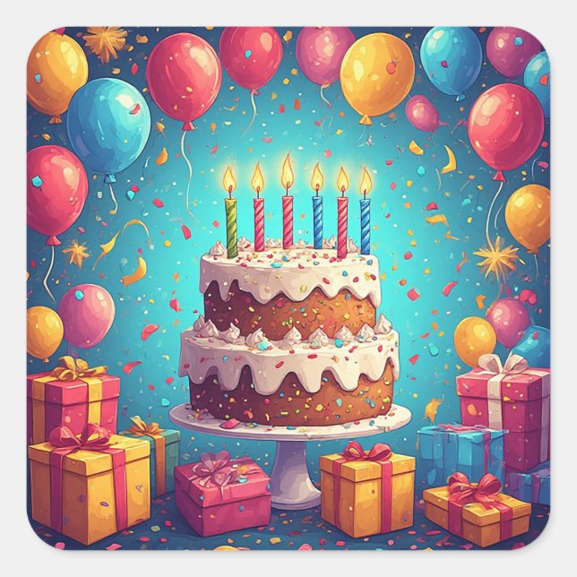 🎂 Birthday Celebration Cake With Colourful Confet Square Sticker (Front)