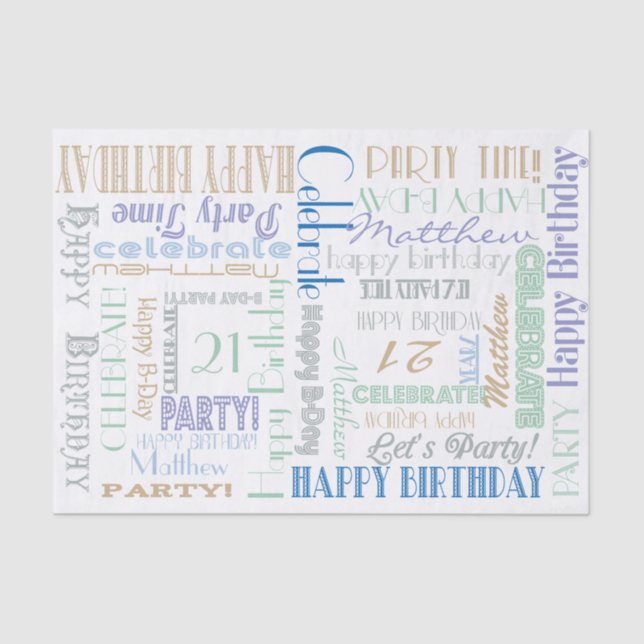 Birthday Celebration! Cool Pastels NAME and AGE Tissue Paper (Front)