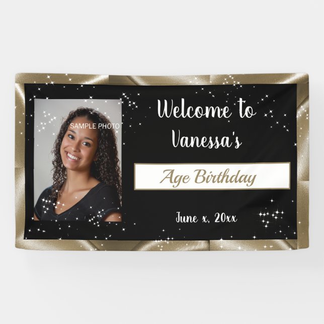 Birthday Celebration Gold Satin, Sparkles Banner (Horizontal)