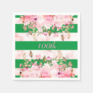 Birthday Celebration Green Pink Stripe Floral Napkin