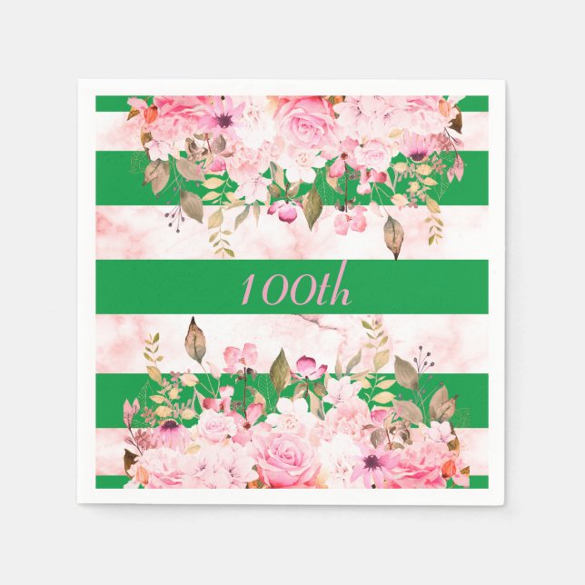 Birthday Celebration Green Pink Stripe Floral Napkin (Front)