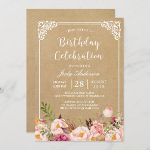 Birthday Celebration   Rustic Floral Frame Kraft Invitation