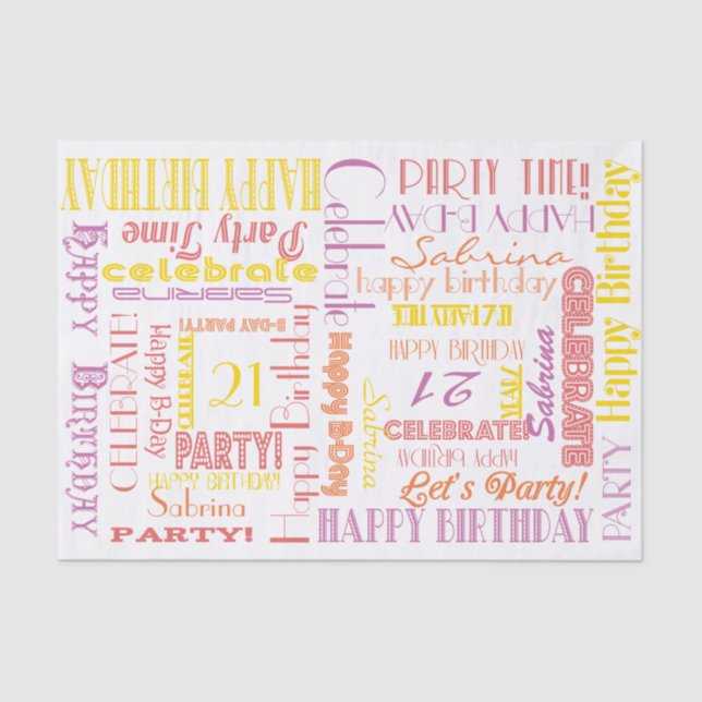 Birthday Celebration! Warm Pastels NAME and AGE Tissue Paper (Front)