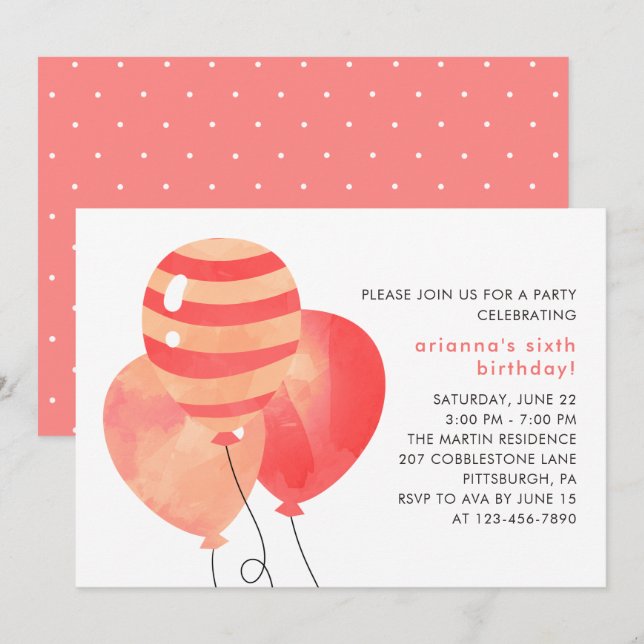 Birthday Celebration with Pretty Dots and Balloons Invitation (Front/Back)