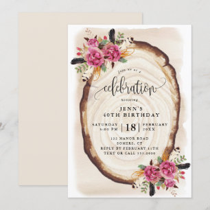 Birthday Celebration, Wood Slice Pink Floral Invitation