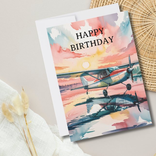 Birthday Cessna Aeroplane Lake Photo Watercolor Holiday Card (Creator Uploaded)