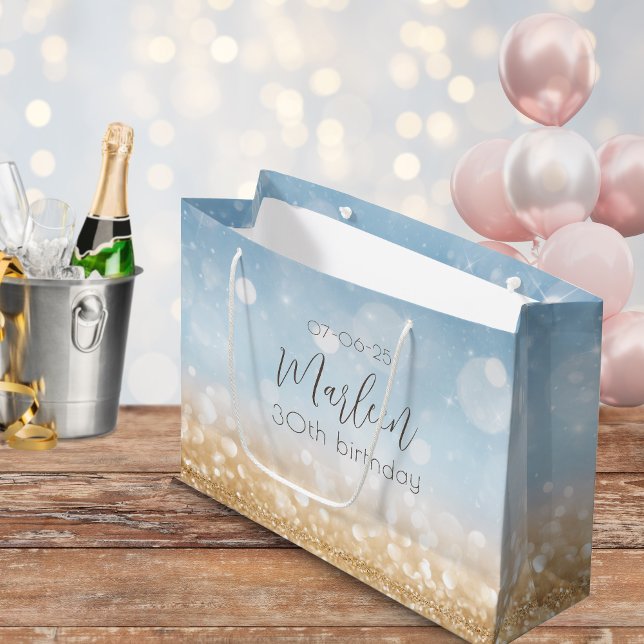 Birthday champagne sky blue sparkling gold shimmer large gift bag (Champagne celebration. An elegant light gold and sparling blue gift bag for her. Girly and glamorous)
