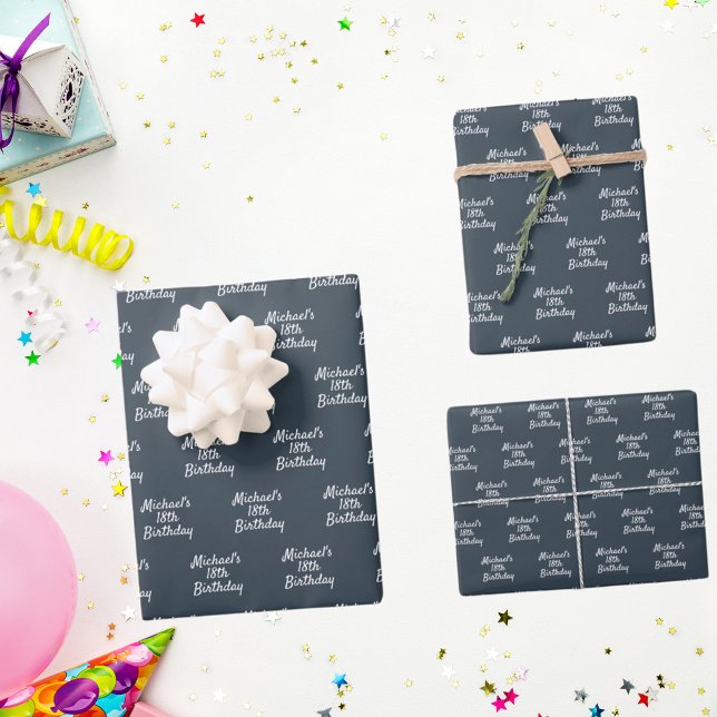 Birthday charcoal grey white name script wrapping paper sheet (Creator Uploaded)