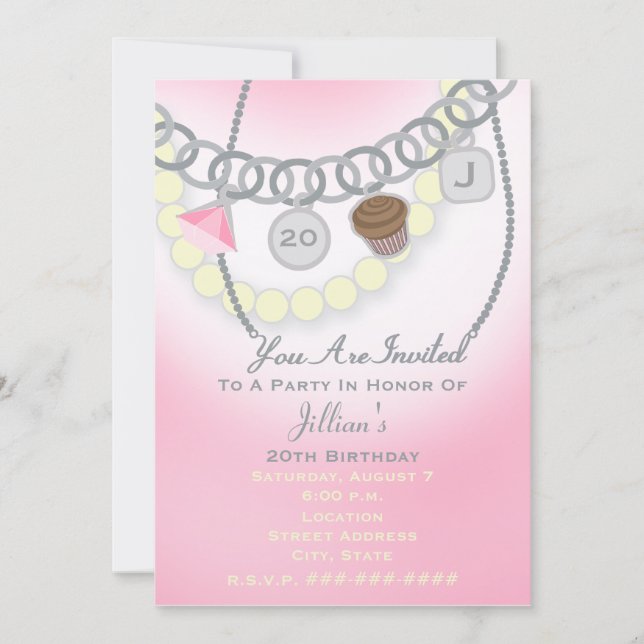 Birthday Charm Bracelet & Pearls Jewellery Invite (Front)