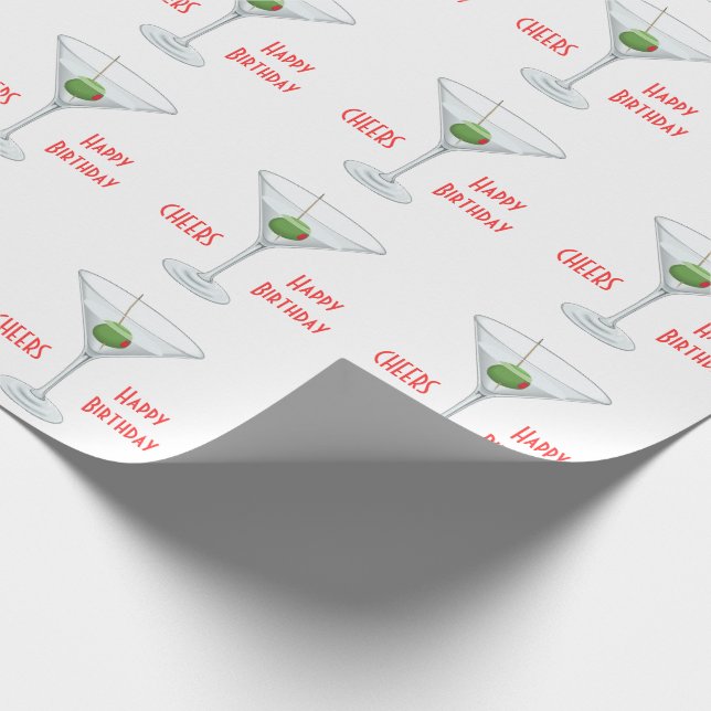 Birthday Cheers Martini Glass Olive Cocktail White Wrapping Paper (Corner)