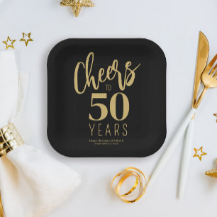 Birthday cheers to 50 years custom gold black paper plate