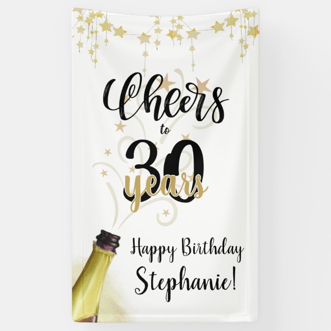 Birthday CHEERS TO # YEARS Black Gold Script Banner (Vertical)