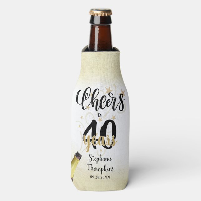 Birthday CHEERS TO # YEARS Black Gold Script Bottle Cooler (Bottle Front)