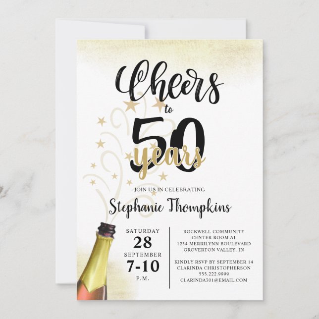Birthday CHEERS TO # YEARS Black Gold Script Invitation (Front)