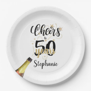 Birthday CHEERS TO # YEARS Black Gold Script Paper Plate