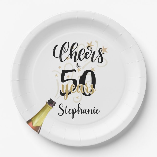 Birthday CHEERS TO # YEARS Black Gold Script Paper Plate (Front)