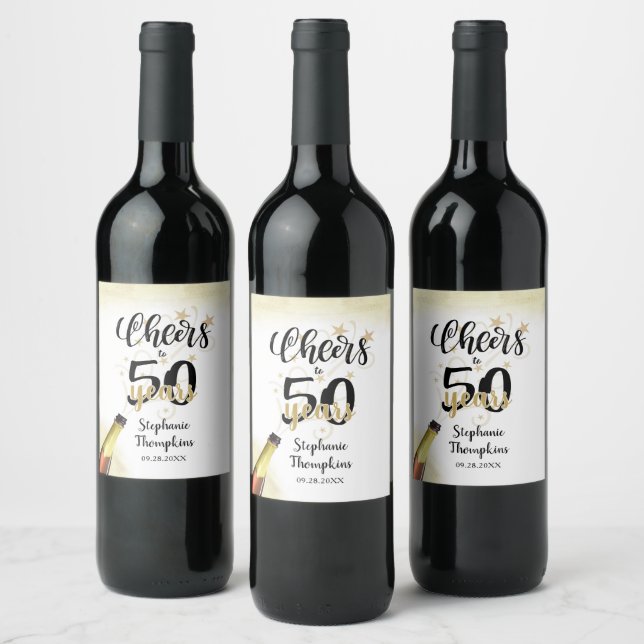 Birthday CHEERS TO # YEARS Black Gold Script Wine Label (Bottles)