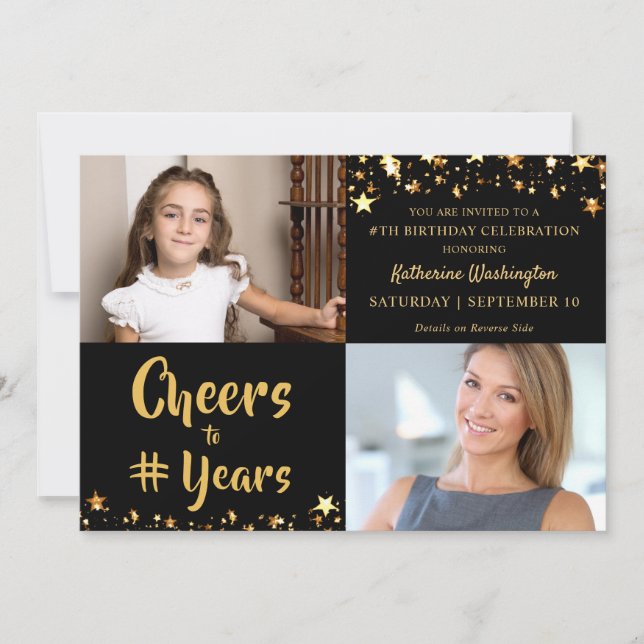 Birthday CHEERS TO # YEARS Black Gold Stars Photo Invitation (Front)