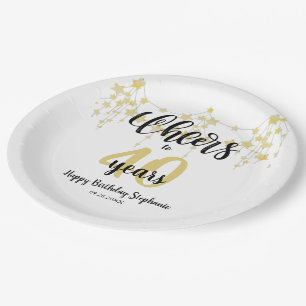Birthday CHEERS TO # YEARS Black Gold Stars Script Paper Plate