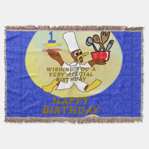 Birthday Chef Ducky Kazoo Blue Geometric Throw Blanket