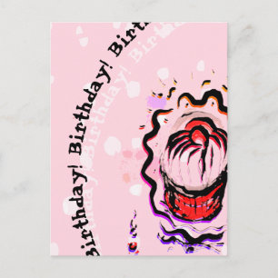 Birthday Cherry Cupcake Doodle Food Fight on pink Postcard