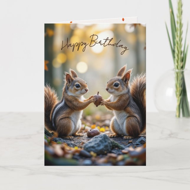 Birthday Chipmunk and Squirrel With Autumn Acorn Card (Front)