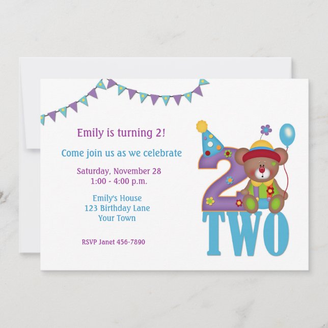 Birthday Clown Bear, Two, Birthday Invitation (Front)
