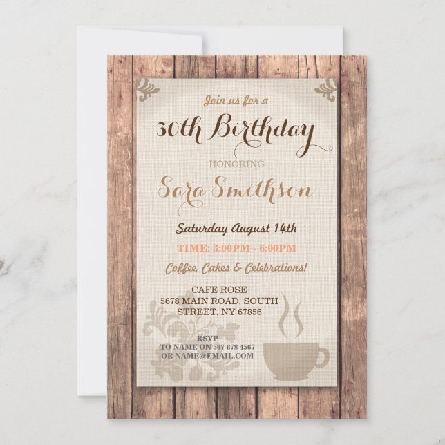 Birthday Coffee Friends Party Rustic Cafe Wood Invitation (Front)