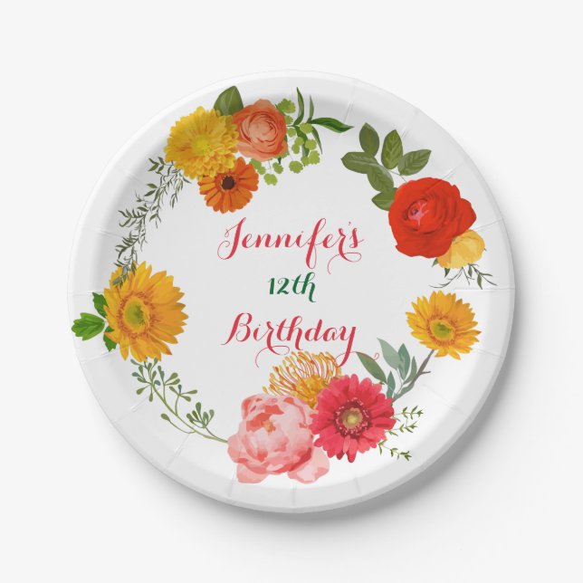 Birthday Colorful Floral Wreath Paper Plate (Front)