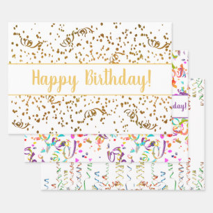 Birthday Colourful Confetti Streamers Gold Custom Wrapping Paper Sheet