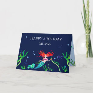 Birthday  Colourful Mermaid in the Sea Name Insert Card