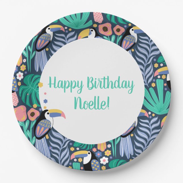 Birthday Colourful Tropical Toucan Bird Paper Plate (Front)