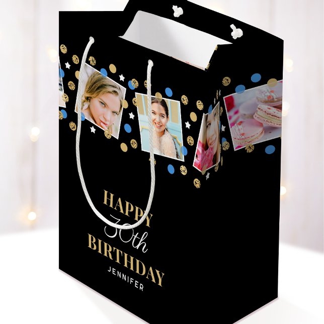 Birthday Confetti Custom Name Photo Collage Blue Medium Gift Bag (Creator Uploaded)