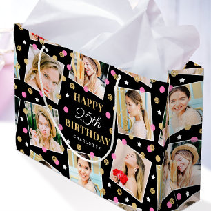 Birthday Confetti Custom Name Photo Collage Pink Large Gift Bag