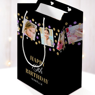Birthday Confetti Custom Name Photo Collage Purple Medium Gift Bag