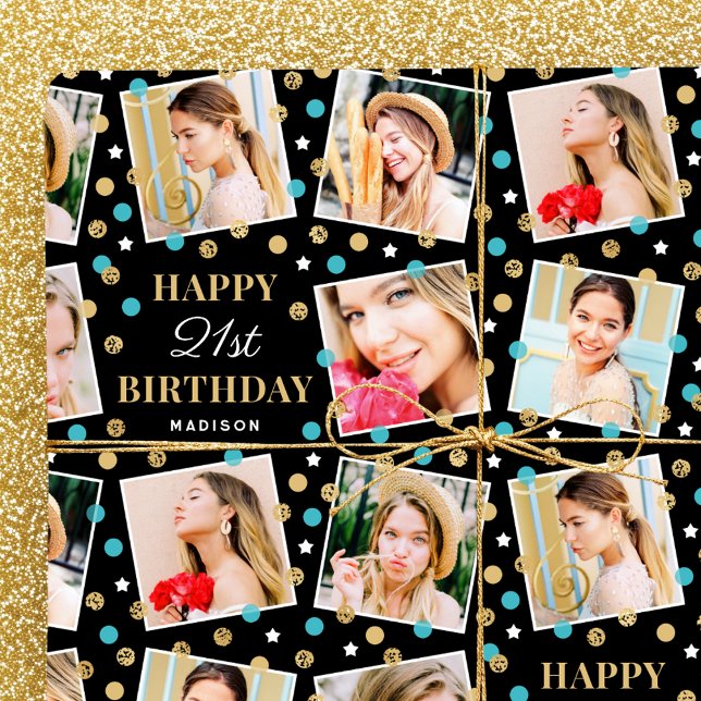 Birthday Confetti Custom Name Photo Collage Teal Wrapping Paper (Creator Uploaded)