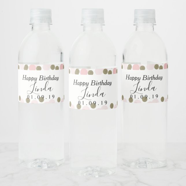 Birthday  Confetti Pink Faux Gold Foil Dots Water Bottle Label (Bottles)