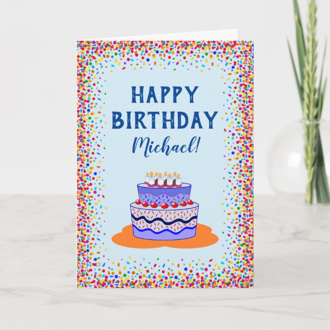 Birthday Cool  Blue Cake Colourful Confetti Card (Front)