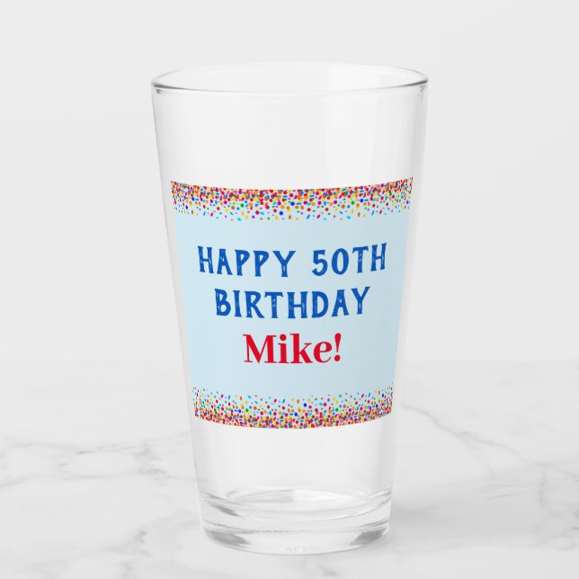 Birthday Cool Blue Colourful Confetti Pint Glass (Front)