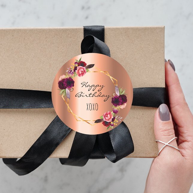 Birthday copper florals gold burgundy geometric classic round sticker (Creator Uploaded)