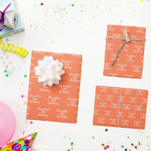 Birthday coral orange name script wrapping paper sheet