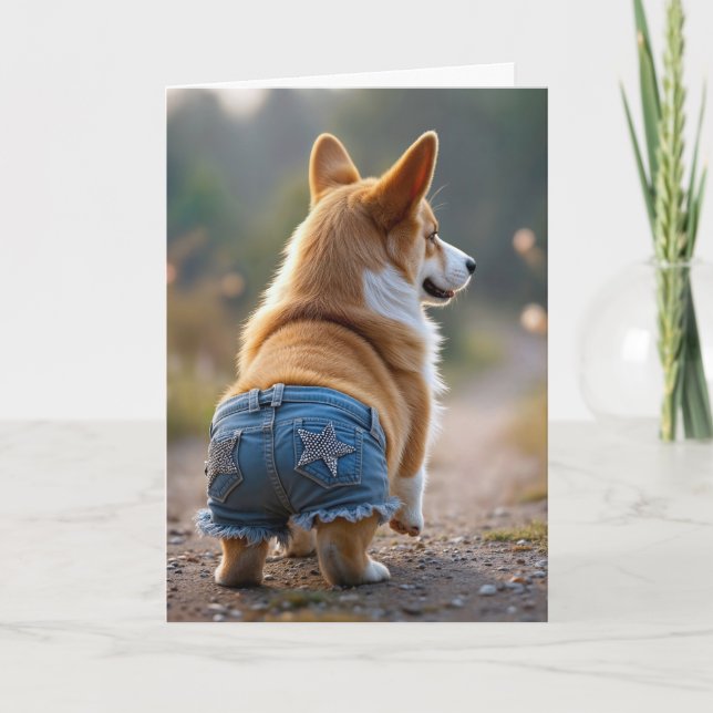 Birthday Corgi Dog Wearing Blue Jean Shorts Card (Front)